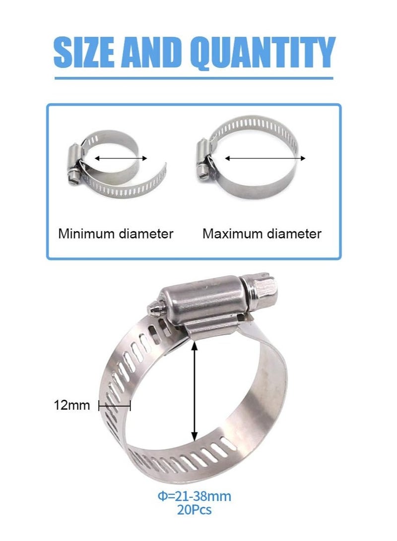 20 Pieces 304 Stainless Steel Adjustable 21-38mm Range Worm Gear Hose Clamp Combo Kit, Fuel Pipe Clamps for Water Pipe, Pipeline, Automotive and Mechanical Applications (21-38mm) - Image 2